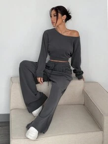SHEIN EZwear Bộ đồ rộng rãi thoải mái cổ tròn trễ vai màu trơn mới cho nữ tay dài có mũ trùm đầu và quần nỉ - Màu xám đen - Xem 5