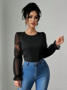 SHEIN Unity Women's Regular Woven Round Neck Solid Color Long Sleeve Shirt With Contrast Lace, Suitable For Spring - Black - View 5