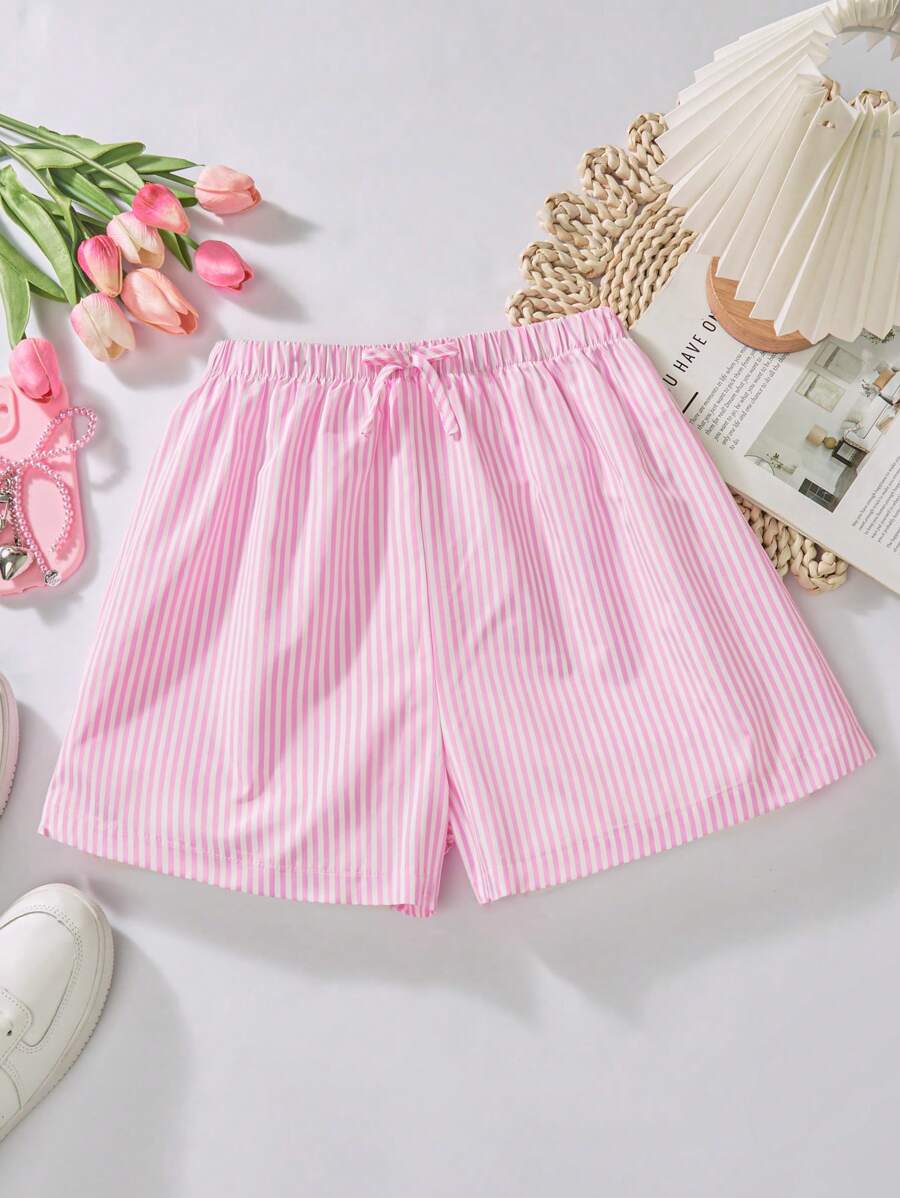 Teen Girls Elastic Waist Striped Pink Casual Shorts