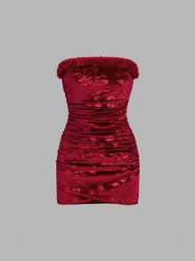 SHEIN Unity Women Sexy Floral Furry Patchwork Strapless Party Mini Dress - Burgundy - View 1