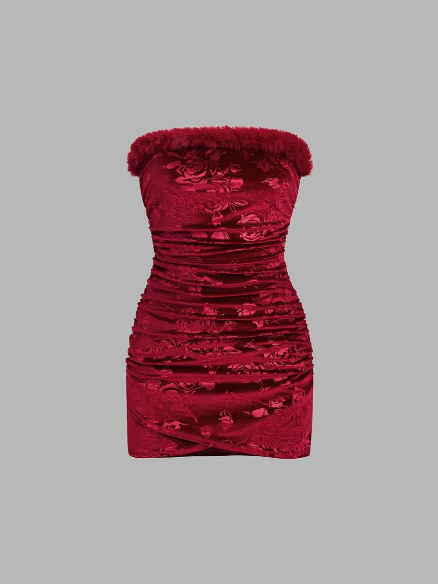 SHEIN Unity Women Sexy Floral Furry Patchwork Strapless Party Mini Dress - Burgundy - View 1