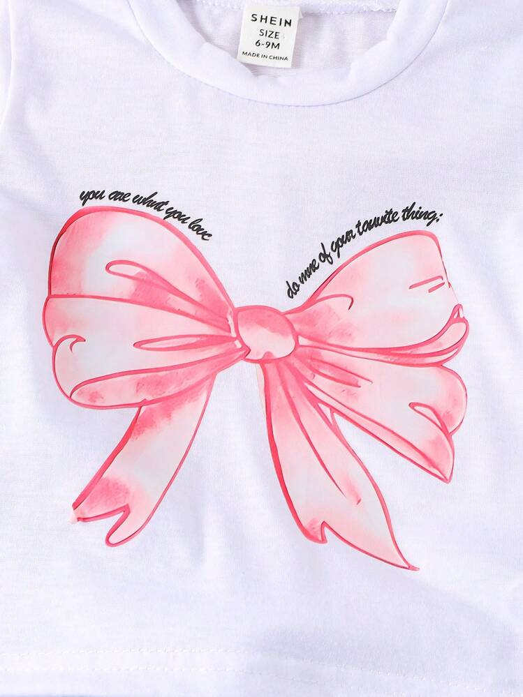 SHEIN 女婴字母与蝴蝶结印花圆领短袖 T 恤和裤子休闲套装 - 白色 - 查看 7