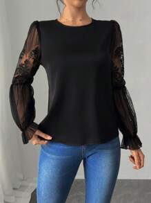 SHEIN Unity Women's Regular Woven Round Neck Solid Color Long Sleeve Shirt With Contrast Lace, Suitable For Spring - Black - View 6