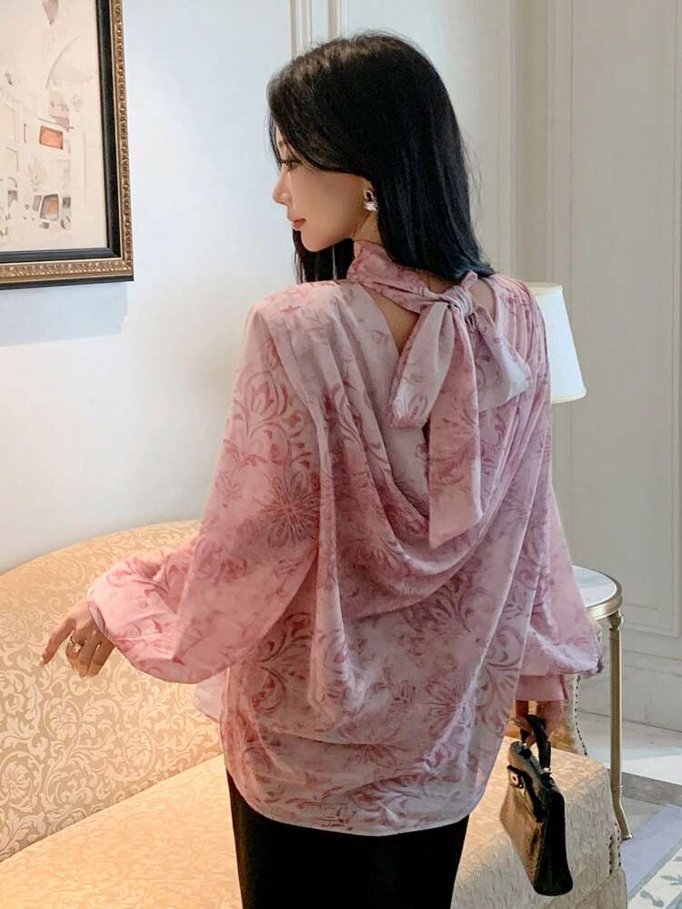 Floral Print Casual Loose Long Sleeve Tie Front Women Shirt, Suitable For Spring And Summer