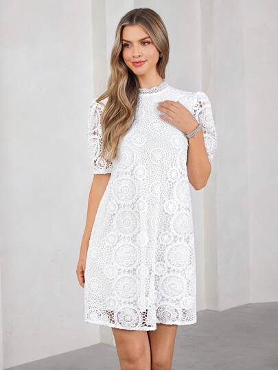 SHEIN Clasi 白色蕾丝领短袖修身短款女装夏季服装女士浪漫连衣裙女士夏季连衣裙新娘送礼会礼服白色女士服装夏季婚礼宾客礼服女士