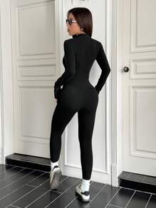 Flirla Bộ đồ liền thân bó sát dệt kim giữ nhiệt cổ đứng - màu đen - Xem 2