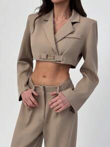 Aloruh Women Plain Color Notched Collar Long Sleeve Cropped Jacket And Pants Suit Set - Khaki - View 1