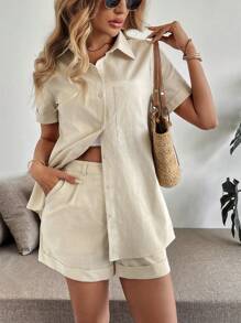 Calvaya Conjunto de 2 piezas de camisa de manga corta con bolsillo y shorts de fibra de bambú informal y básico para mujer, primavera/verano