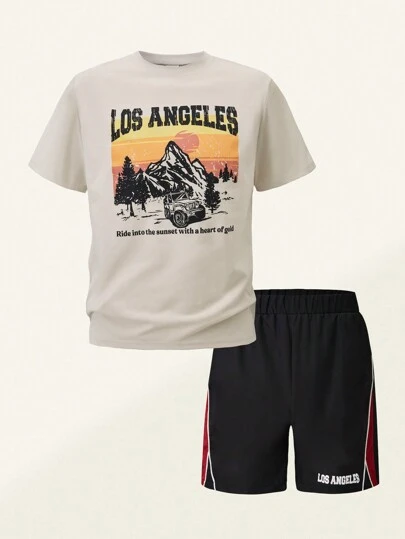 SHEIN Explorewe 2 件套青少年复古节日字母和风景印花短袖 T 恤搭配运动拼布短裤，夏季新品