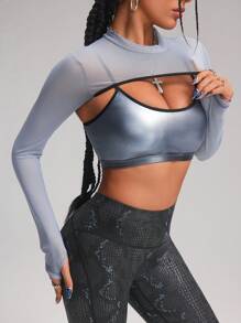 Innovista Conjunto de 2 piezas de ropa deportiva recortada para mujer, 2 piezas y 2 en 1 de sujetador deportivo y camiseta de piel sintética con estampado de láminas, conjuntos de entrenamiento de alta elasticidad, transpirables y secado rápido para gimnasio, de uso glamoroso y sexy para fiestas, de corte atrevido y único, para festivales de música, chándal, fuerza, yoga, barra, baile, primavera, bicicleta, ciclo, eléctrico, lencería, ropa interior, lujo, sudaderas, multiuso, modular, San Valentín