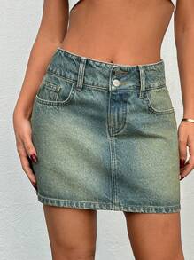 EURMUSE Low Waist Double Button Mini Denim Skirt - Medium Wash - View 4