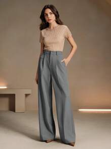 Anewsta Women Classic Straight Suit Pants, Elegant Commuter Chic Modest Style, Suitable For Spring/Summer Vacation & New Year Wide Leg Pants High Waisted Pants Women Pants Elegant Grey Pants Women S Pants