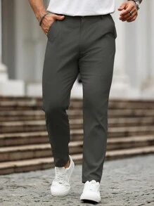 Manfinity Mode Men's Solid Color Straight-Leg Casual Suit Pants With Pockets - Grey - View 5