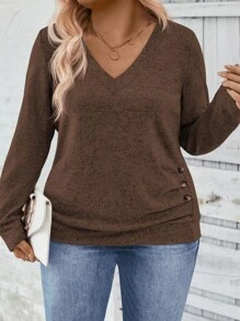 INAWLY Women's V-Neck Long Sleeve Side Button Decoration Pleated Soft Knit Casual Plus Size T-Shirt, Autumn/Winter