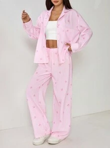 SHEIN PETITE 红白条纹印花衬衫和裤子家居休闲两件套服装 - 粉色 - 查看 3