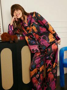 Chillnights Conjunto de pijama de mujer con estampado de leopardo y contraste de color