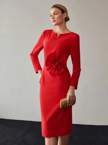 MOTF PREMIUM 纯色缺口领立体花朵修身中长连衣裙 - 紅色 - 查看 2