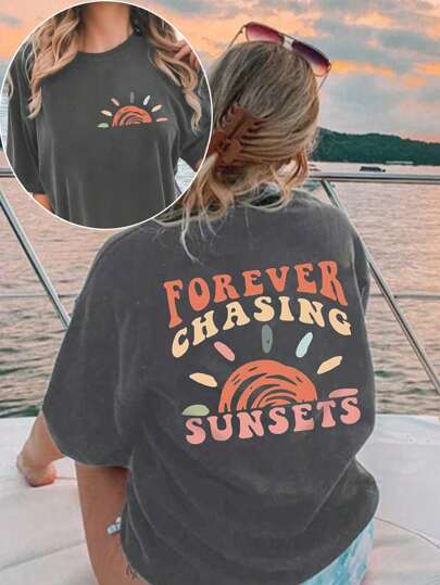 Calvaya Large Short-Sleeved T-Shirt For Women Plus Printed With Slogan Pattern, Suitable For Summer FOREVER CHASING SUNSETS Graphic Tees Women Tops