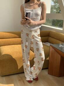 SHEIN EZwear 女士熊与心形图案纹理宽松舒适休闲长裤，适合秋冬季 - 白色 - 查看 4