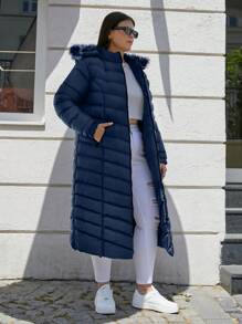 RueChic Plus Size Fuzzy Trim Hooded Zipper Down Coat - Navy Blue - View 3