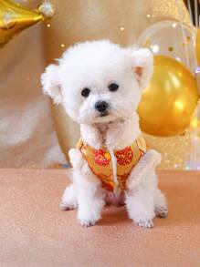 PETSIN 1 件毛绒衬里旗袍式宠物狗服装，保暖，适合秋冬季和农历新年 - 金色 - 查看 6