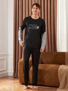 Manfinity Underwear&Sleepwear Basics Men's Solid Color Crew Neck Long Sleeve Top And Pants Pajama Set, Simple Homewear - Black - View 3