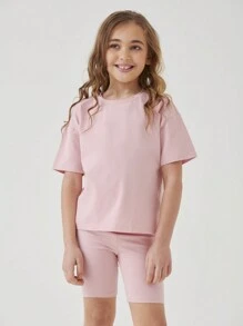 SHEIN Girls Cotton Solid Drop Shoulder Tee & Cycling Shorts Set - Dusty Pink - View 10