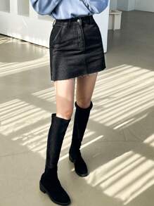 DAZY Women Washed Frayed A-Line Short Denim Mini Skirt, All-Season Jeans Skirt - Black - View 7