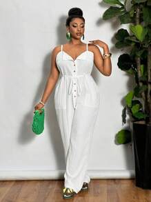 Slaydiva Versatile Minimalist White Casual All-Match Sexy Essentialist Plus Size Women Strappy Textured Fabric Knitted Jumpsuit, Suitable For Spring/Summer