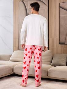 CoupledUp Conjunto de pijama de manga larga y pantalones largos con patrón de corazón y contraste de colores, para hombre, como regalo del Día de San Valentín