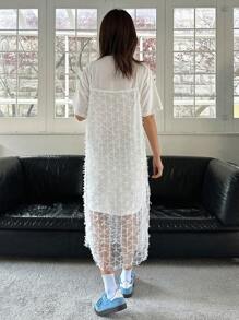 DAZY 2 件女装套装：印花中长款宽松圆领 T 恤 + 蕾丝细肩带连衣裙 - 米色 - 查看 2