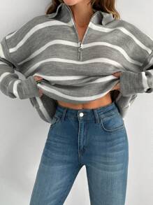 RueChic Áo len sọc dài tay có khóa kéo cho nữ, thời trang tối giản, mặc thường ngày - Xám - Xem 3