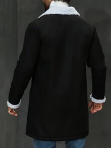 Manfinity Roghcode Men's Front Button Closure Long Sleeve Fuzzy Splicing Casual Jacket,Turtleneck Men,Winter Men Clothes,Men Flannel - Black - View 2