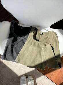 Comfortcana Áo thun cổ vuông tay dài ngắn mới dành cho nữ - Nhiều màu - Xem 6