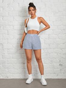 SHEIN PETITE 女士字母松紧腰条纹休闲短裤 - 淺藍色 - 查看 6