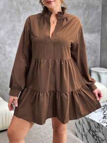 SHEIN Essnce Plus Size Women Solid Color V-Neck Long Sleeve Ruffle Hem Casual Dress For Autumn Fall - Brown - View 3