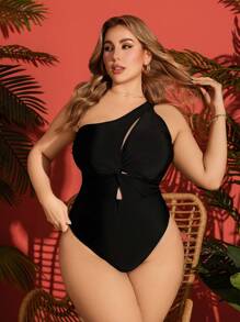 SHEIN Swim Curve Plus Size One-Piece Solid Color Chest Hollow Out Twist Front Casual One Piece Swimsuit, Simple Chic For Daily, Resort, Poolside, Beach For Summer Beach Vacation - Black - View 5