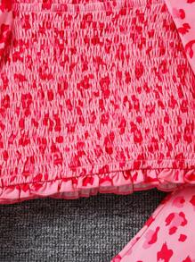 SHEIN 2pcs/Set Young Girl Cute & Chic Pink Leopard Print Puff Sleeve Shirt And Flared Pants Set - Pink - View 7