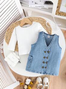 Baby Girl Casual Minimalist Cute White Ribbed Top With Denim Overall Dress 2 Pieces Set, Spring/Autumn
