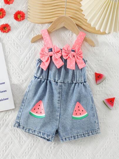 SHEIN Playful Pals Pelele de bebé niña de moda con lunares y tirantes contrastantes con moño 3D