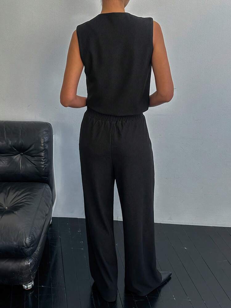 2 Pieces Set Women Solid Color Fitted Short Vest And Wide Leg Pants, Textured Fabric,Fall Clothes