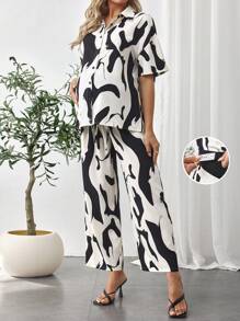 SHEIN Maternity Shoulder Drop Buttoned Shirt With Adjustable Waist Pants Casual Set