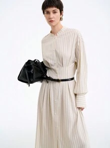 SHEIN LUNE Women's Fitted Waist Long Striped Dress - Apricot - View 6