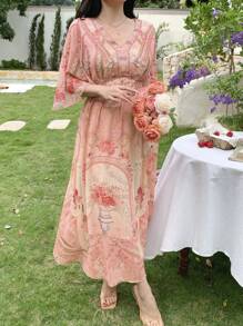 DAZY Robe mi-longue femme bohème avec patchwork floral et col en V