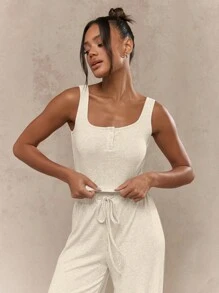 MISSGUIDED Conjunto de lujo de dos piezas de punto acanalado para estar en casa - conjunto de ropa de estar compuesto por top corto y pantalón de pierna ancha, ideal para yoga, viajes y ocio