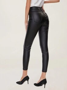MYOURSA Solid Faux Leather Leggings For Women, Clubwear Skinny PU Coated Stretch Pants
