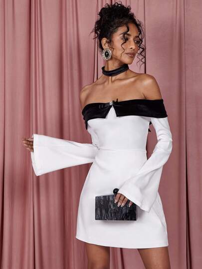 COSMINA 女式撞色露肩喇叭袖蝴蝶结装饰时尚迷你连衣裙