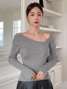 DAZY 1pc Women Solid Color Asymmetric Slim Fit Casual Sweater, Long Sleeve,Fall Clothes - Grey - View 8