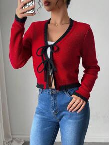 Chiquease European And American New Autumn/Winter Fashion Blogger Style Colorful Dot Contrast Trim V-Neck Tie Bow Knit Red Cardigan Sweater