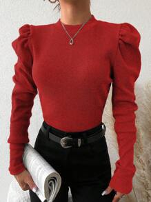 EURMUSE Cotton Half-High Collar Leg-Of-Mutton Sleeve T-Shirt - Red - View 6